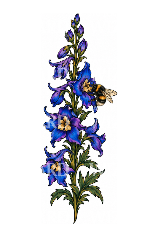 Tatoeage van blauwe ridderspoor met hommel