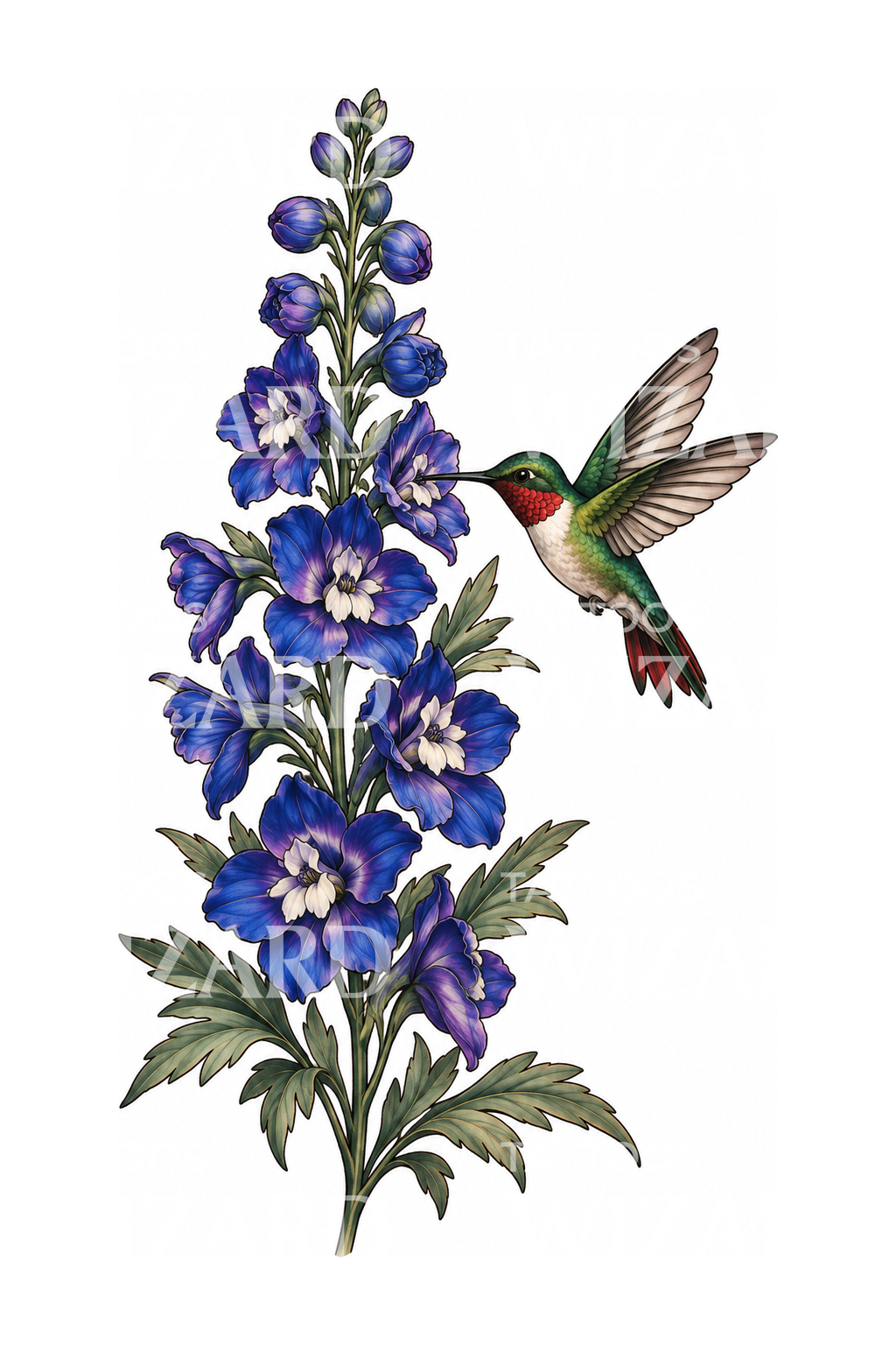 Tatuering med blå riddarsporre och kolibri