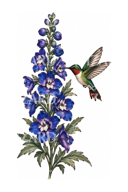 Tatuering med blå riddarsporre och kolibri