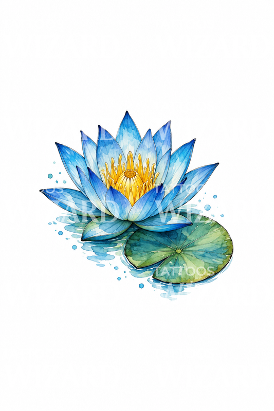 Akvarelltattoo med blå lotus