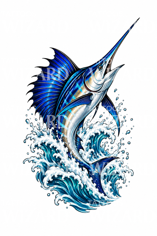 Marlin blu che salta dall’onda, tatuaggio neotradizionale