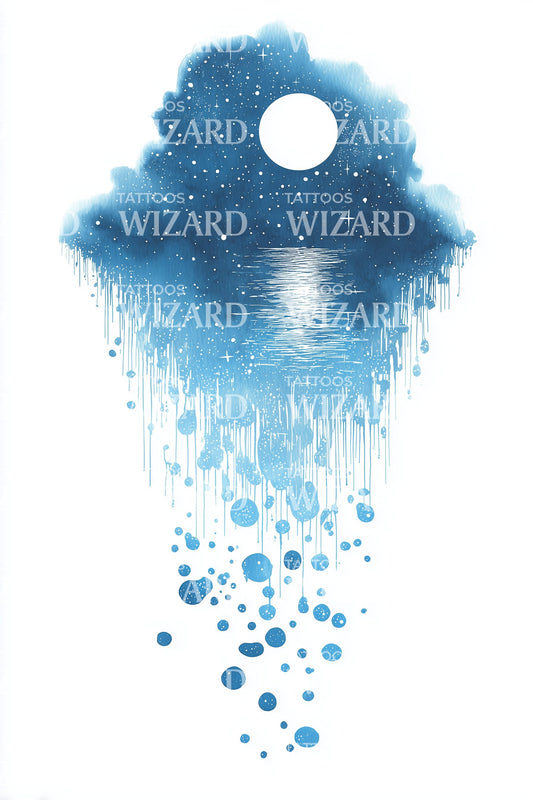 Blue Moon Watercolor Reflection Tattoo Illustration
