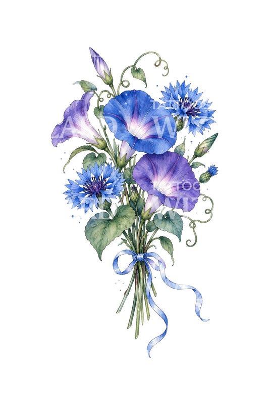 Buket bunga morning glory biru dengan pita, desain tato