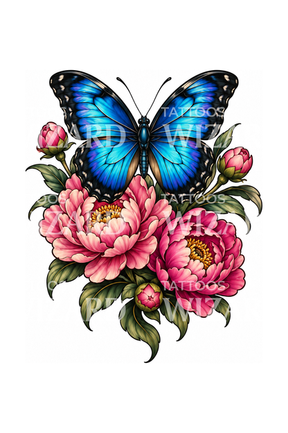 Blue Morpho Butterfly with Pink Peonies Tattoo Design