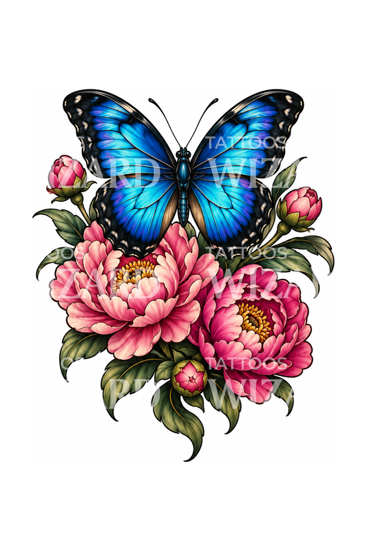 Blue Morpho Butterfly with Pink Peonies Tattoo Design