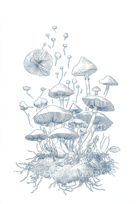 Blue Mushroom Grove Tattoo Illustration