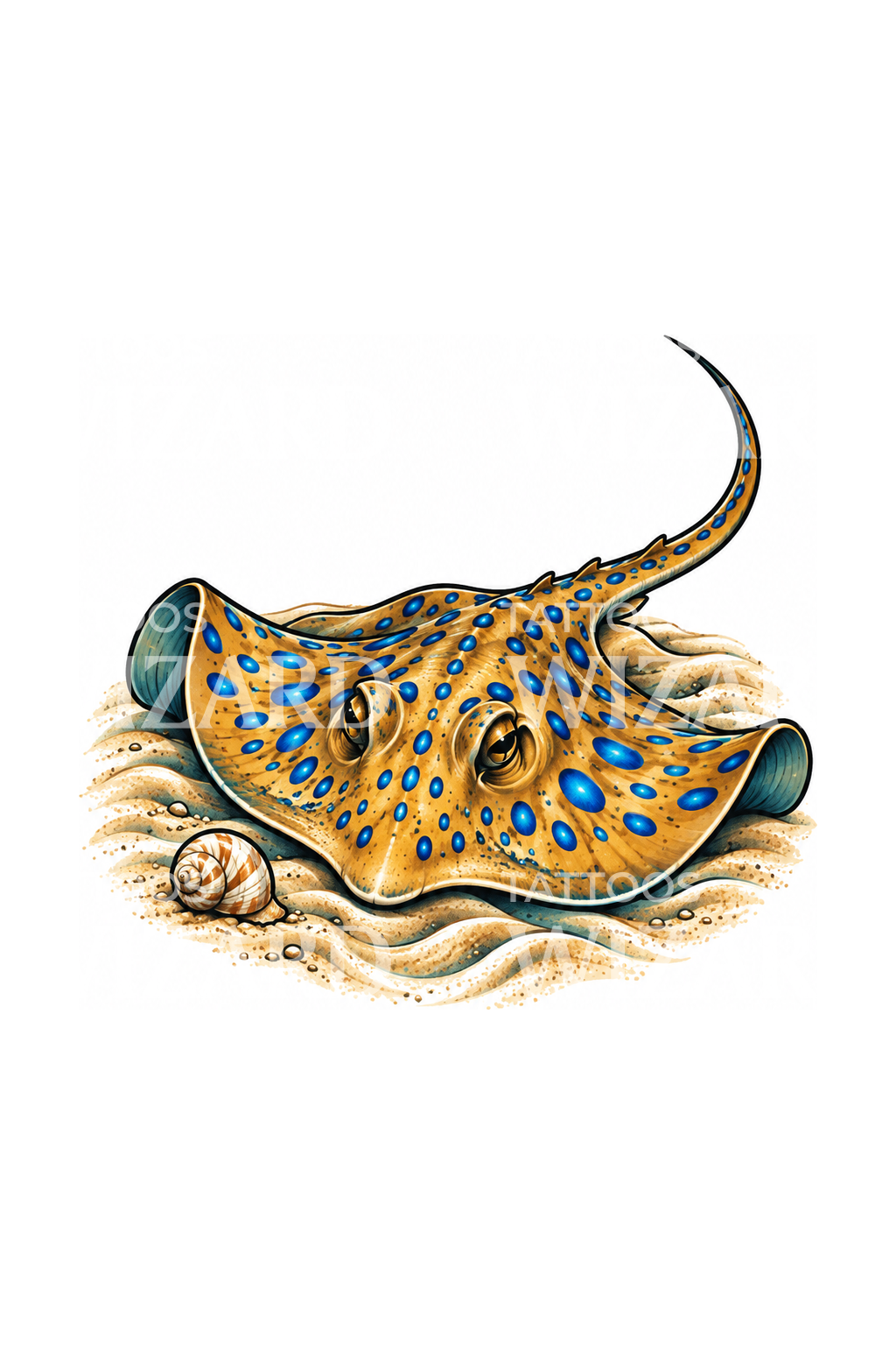 Blue Spotted Stingray on Sand with Shell Tattoo Idea