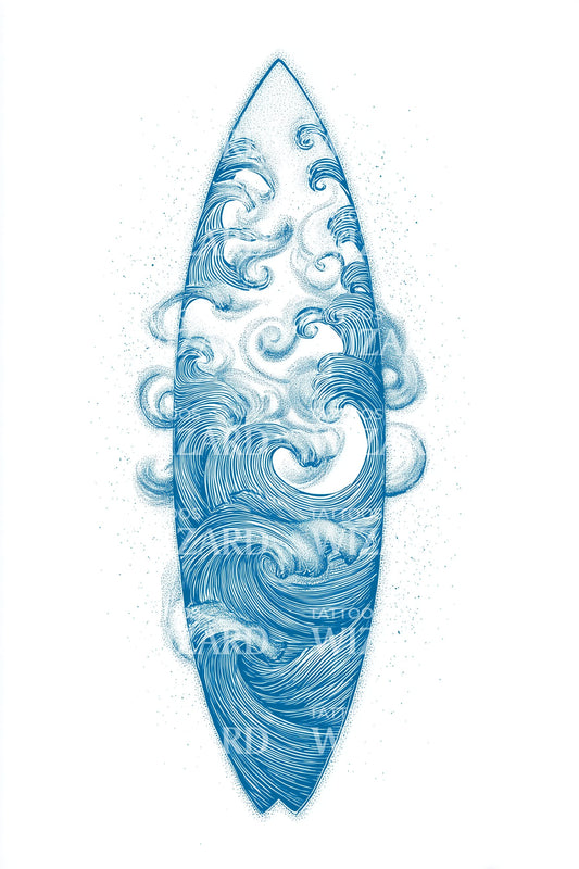 Blue Surfboard Waves Tattoo Design
