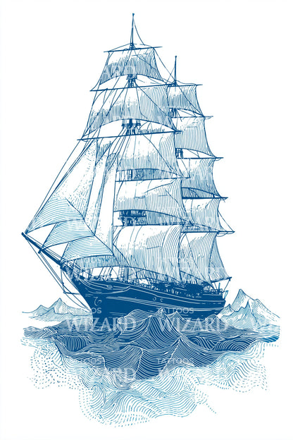 Blue Tall Ship Tattoo Design