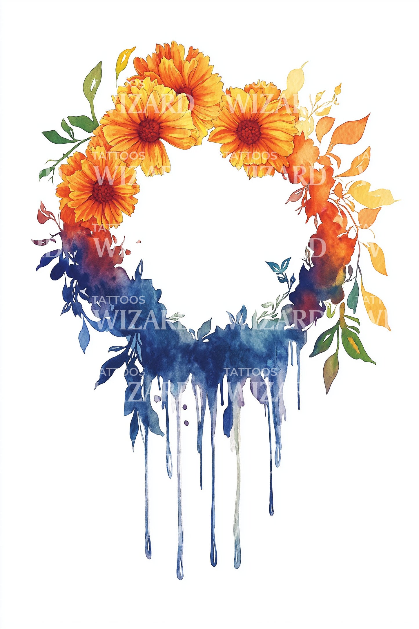 Design di tatuaggio corona floreale viola blu