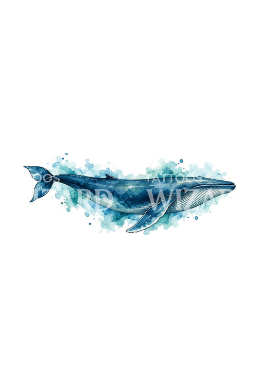 Blue Whale in Watercolor Sea Tattoo Design