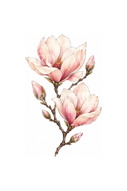 Tattoo-Illustration eines roséfarbenen Magnolienzweigs