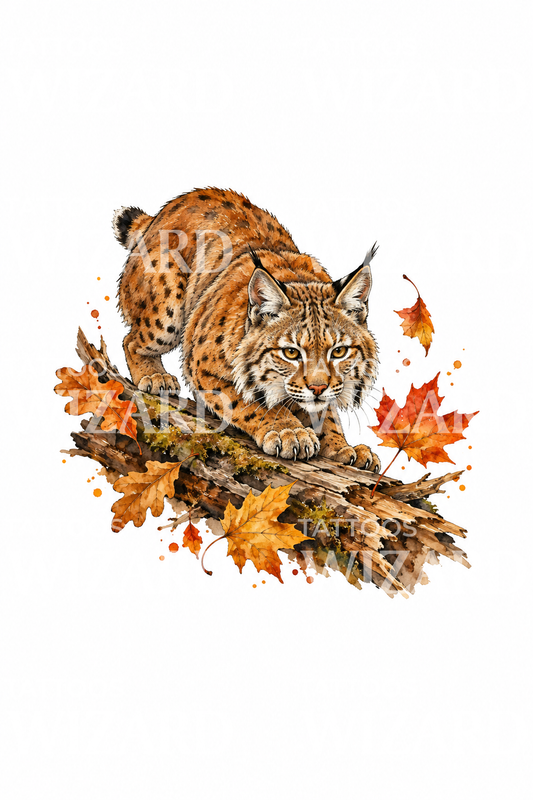 Bobcat Crouching on an Autumn Log Tattoo Design