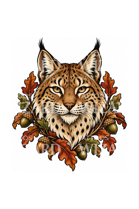 Tatuaggio neo tradizionale di testa di lince con foglie di quercia autunnali