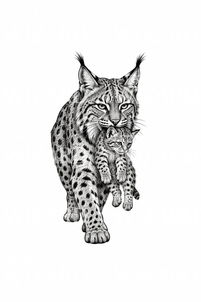 Bobcat Mother Carrying Kitten Stippled Tattoo