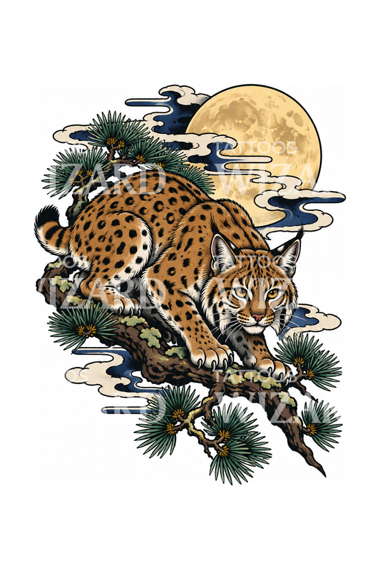 Japanisches Tattoo mit Rotluchs auf Kiefernzweig unter Vollmond