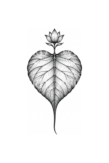 Tato daun Bodhi dengan kuncup teratai bergaya dotwork