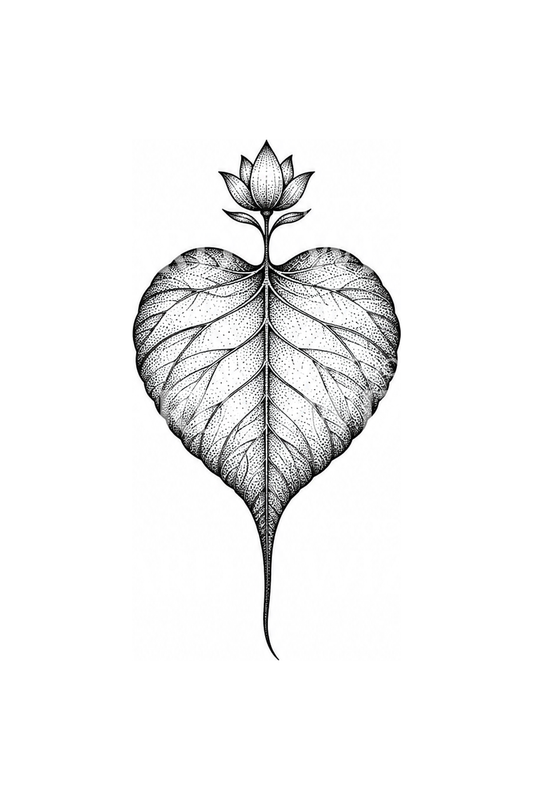 Dotwork-tatovering med bodhi-blad og lotusknopp