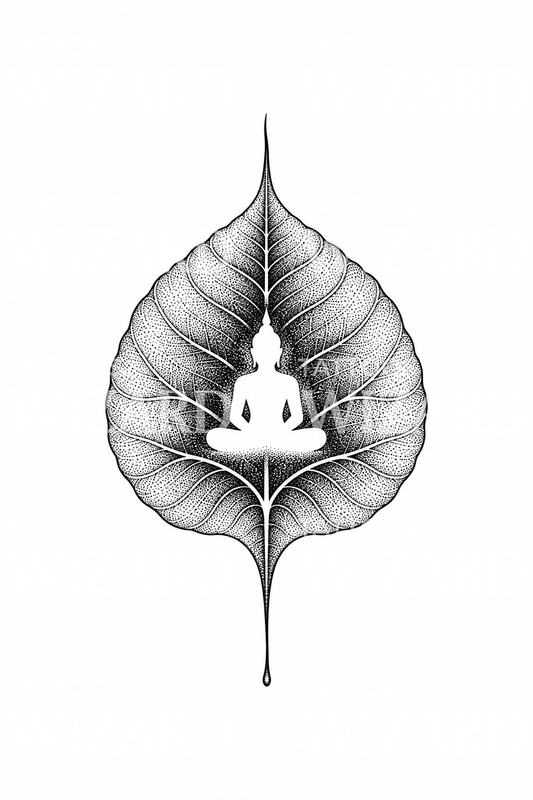 Bódhilevél meditáló Buddhával, dotwork tetoválás