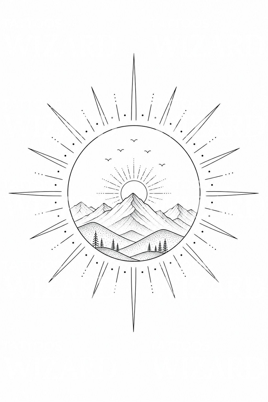 Boho sol och berg tatueringsdesign
