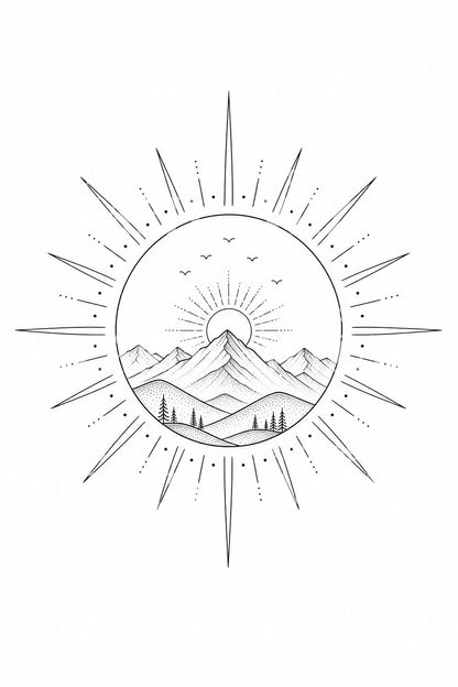 Boho sol och berg tatueringsdesign