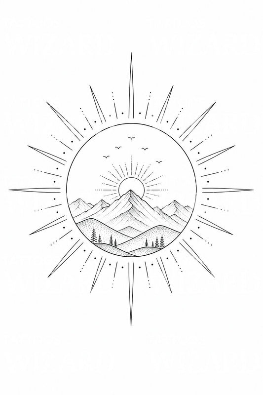 Boho sol og fjell tatoveringsdesign