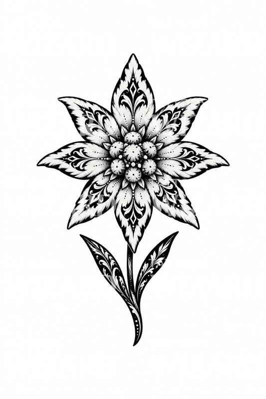 Markant blackwork-tatovering med edelweiss