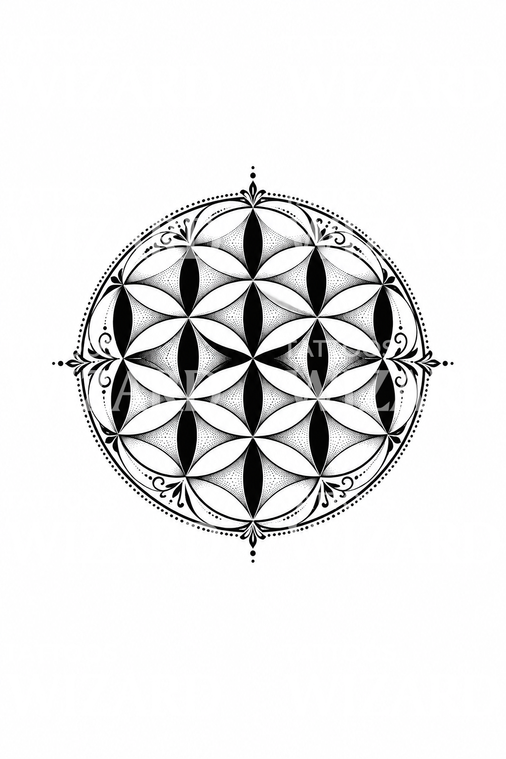 Výrazný černý geometrický návrh tetování Květ života