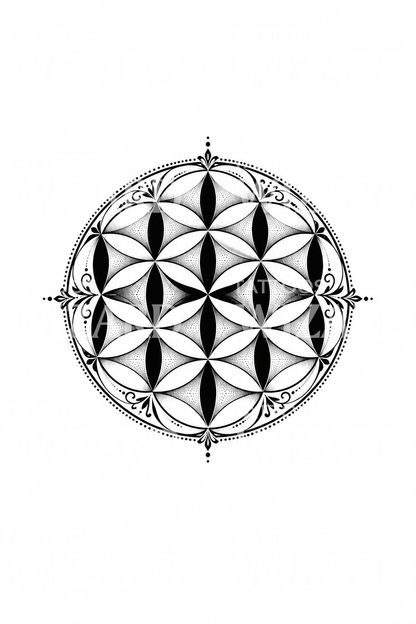 Výrazný černý geometrický návrh tetování Květ života