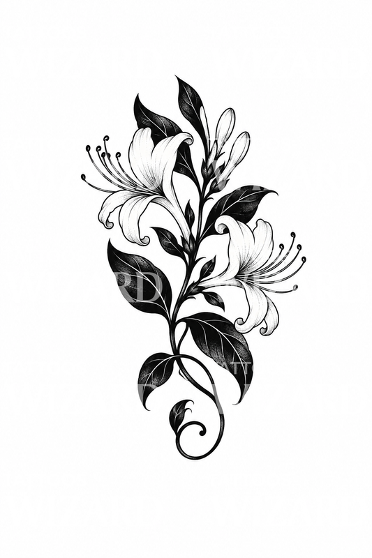 Markant blackwork-tatovering av kaprifolgren