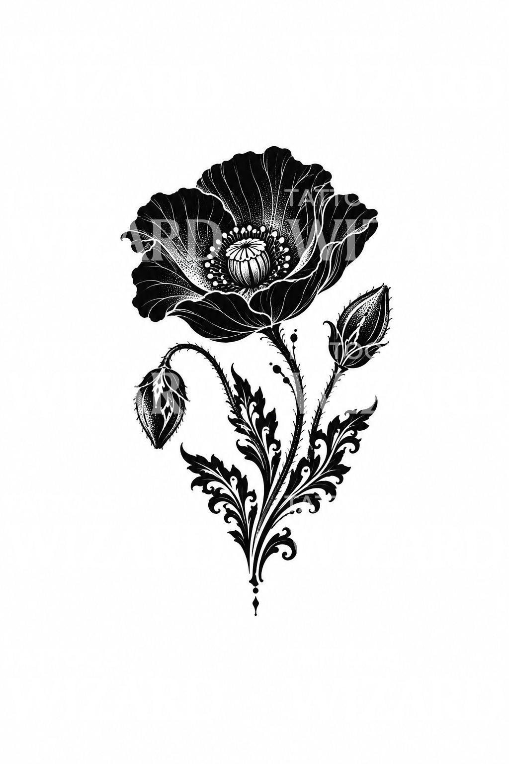 Tatuaggio silhouette di papavero in blackwork