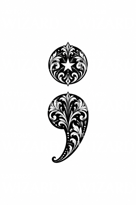Tatuagem arrojada de ponto e vírgula com estrela em blackwork