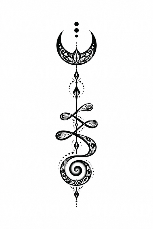 Tatuaje unalome blackwork con luna creciente