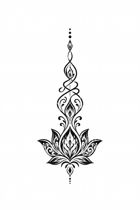 Bold Ornamental Unalome with Black Lotus Tattoo