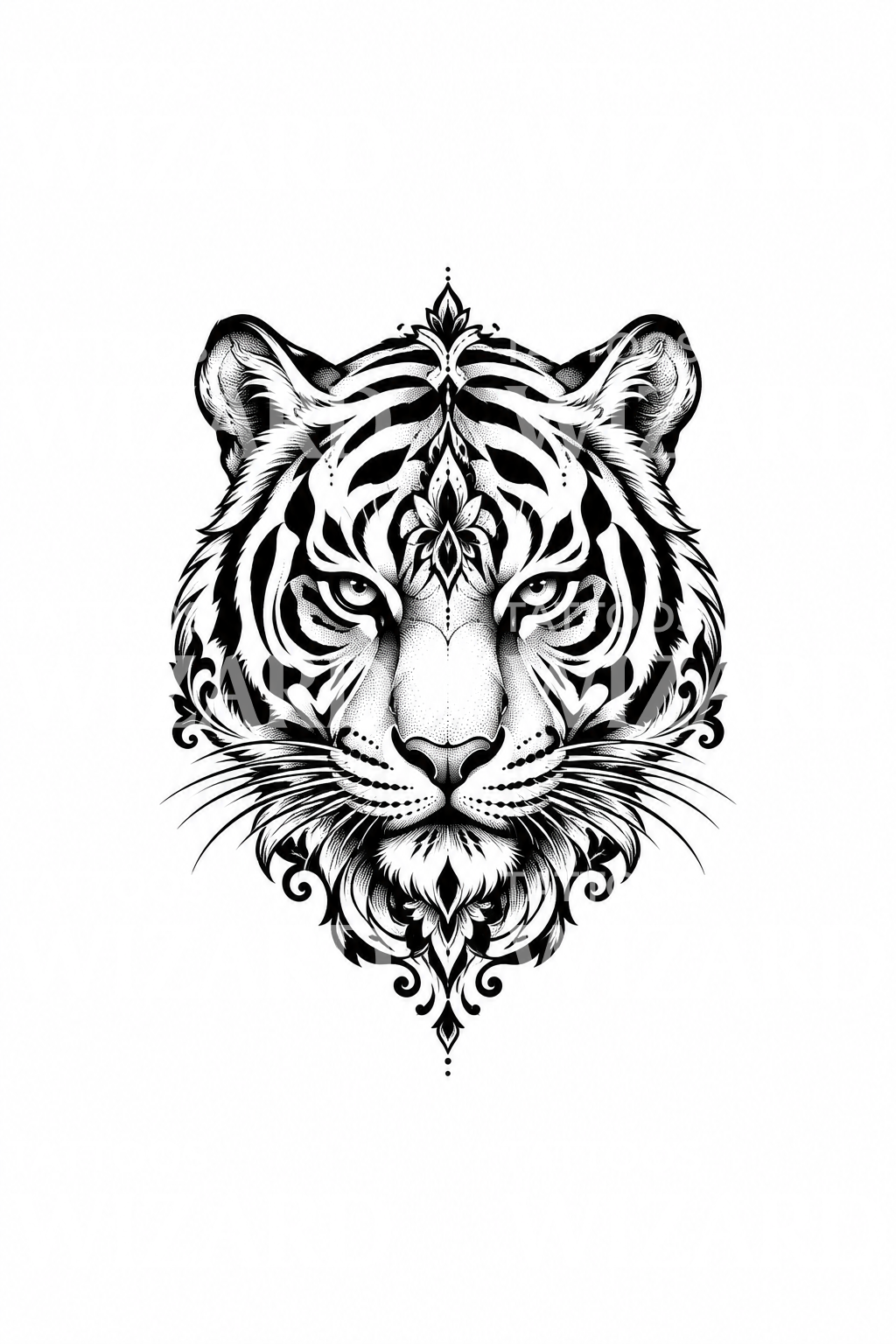 Markant tigeransigt med ornamentale striber, blackwork-tatovering