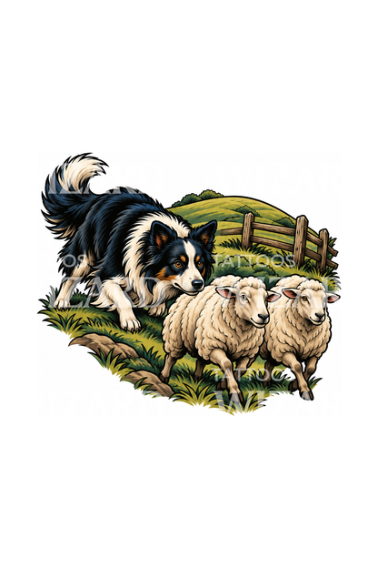 Desenho de tatuagem neotradicional de Border Collie a pastorear