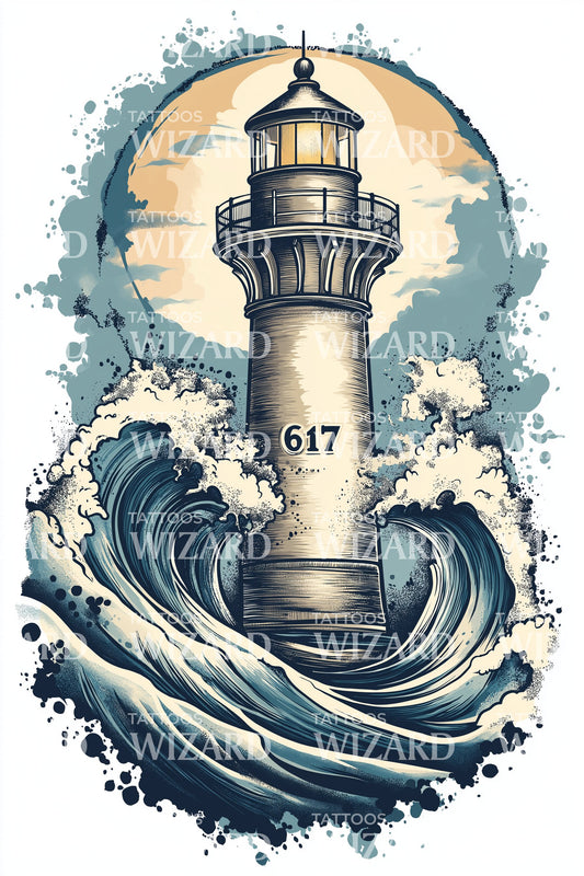 Boston 617 Ocean Beacon Tattoo Illustration