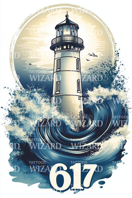 Boston 617 Storm Lighthouse Tattoo Design