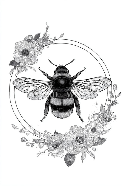 Botanical Bee Garland Tattoo Illustration