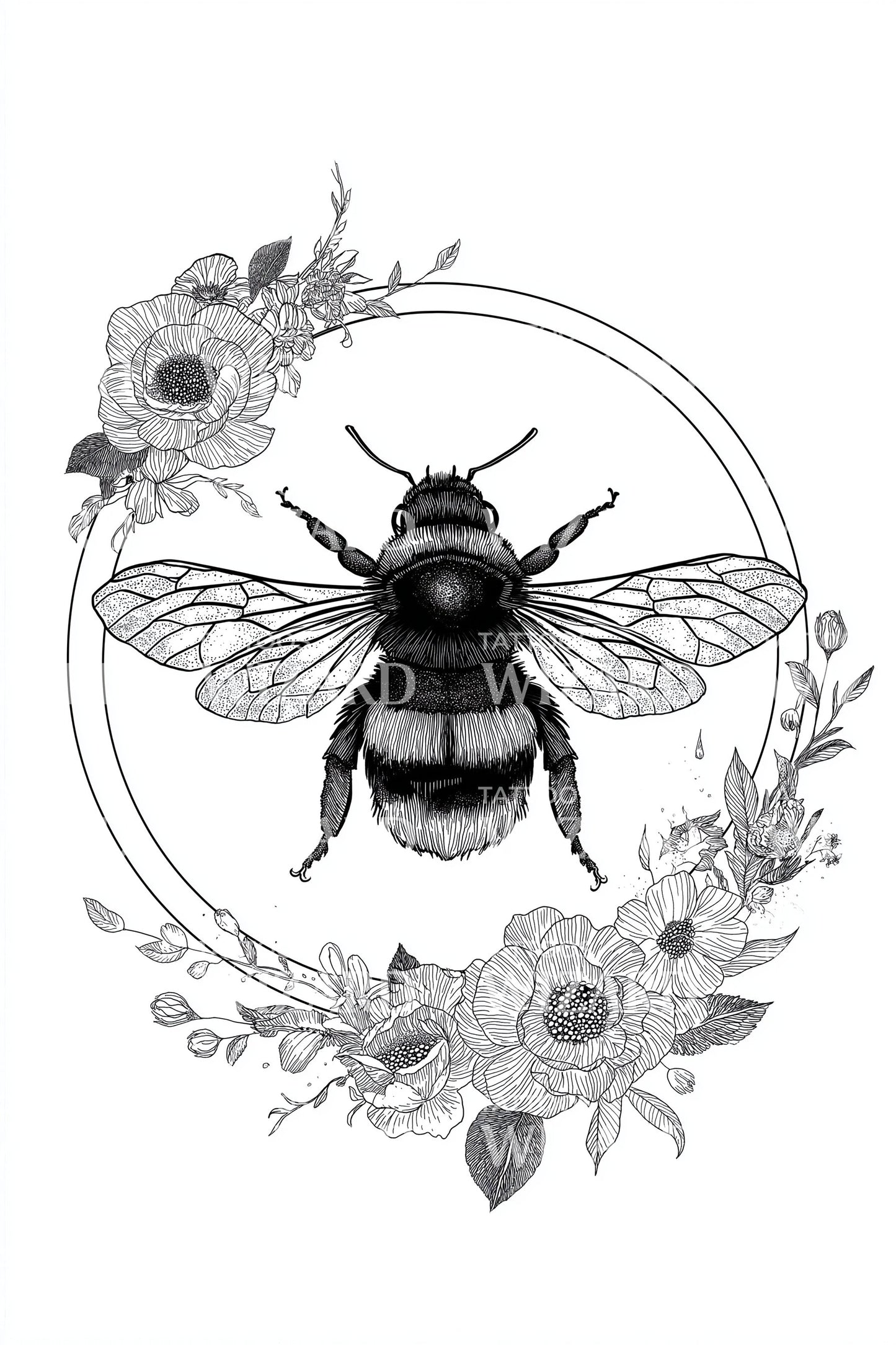 Botanical Bee Garland Tattoo Illustration