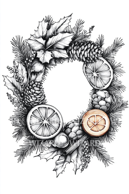 Botanical Citrus Holiday Wreath Tattoo Illustration