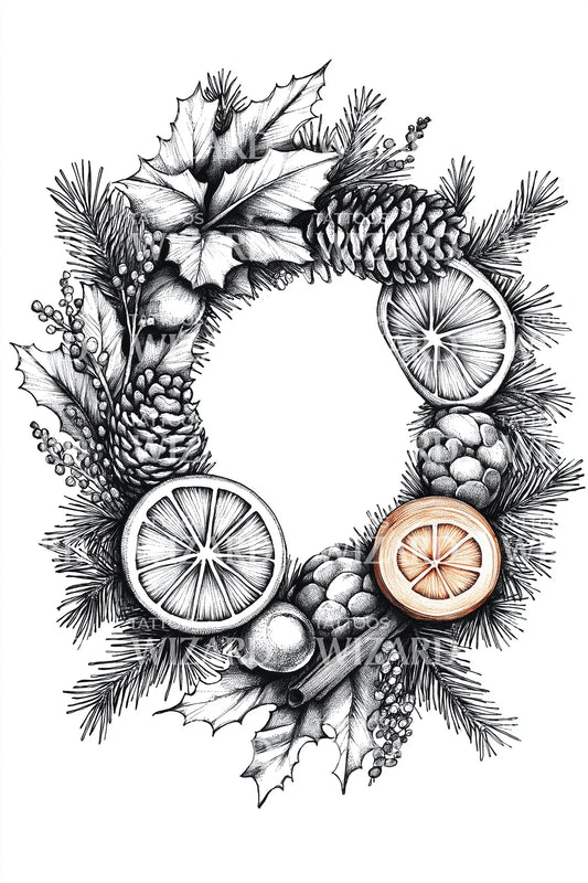 Botanical Citrus Holiday Wreath Tattoo Illustration
