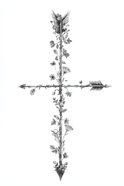 Botanical Cross Arrow Tattoo Design
