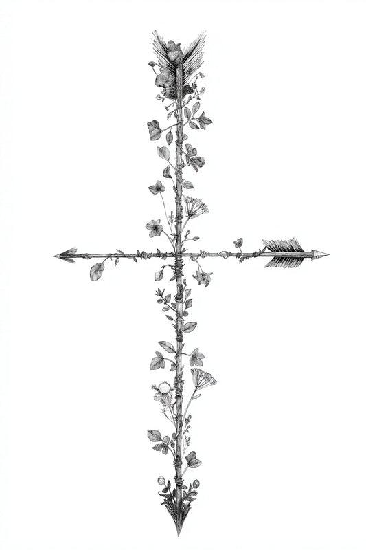 Botanical Cross Arrow Tattoo Design