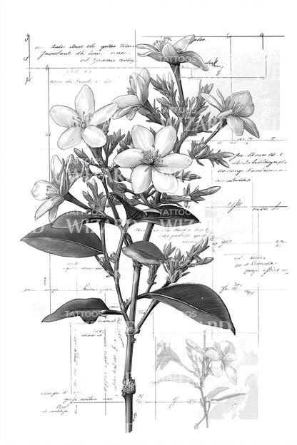 植物茉莉草稿纹身插图