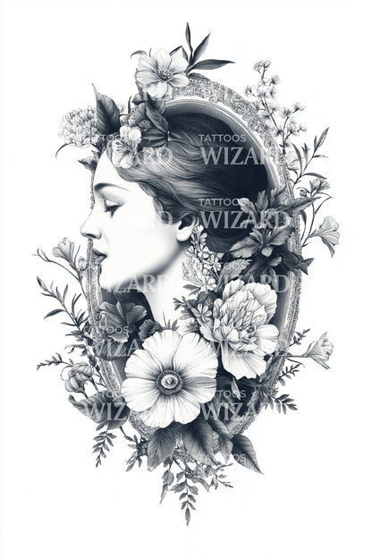 Botanical Lady Portrait Tattoo Design