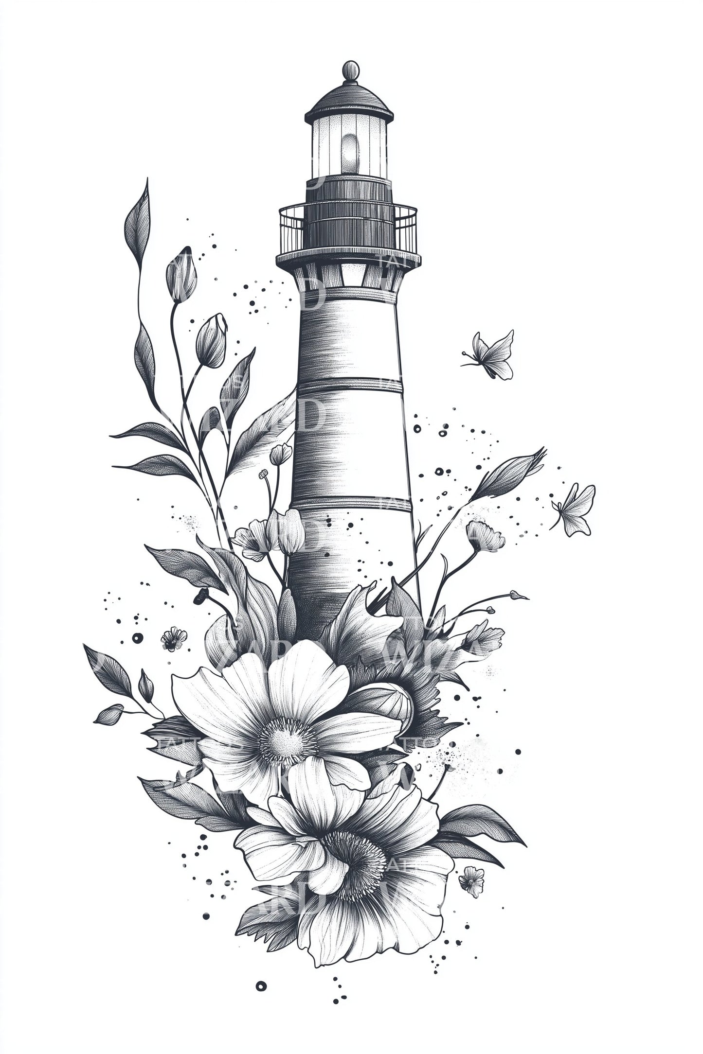 Botanical Lighthouse Bloom Tattoo Design