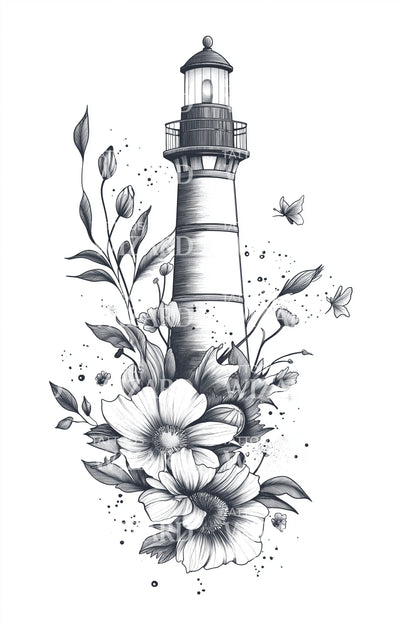 Botanical Lighthouse Bloom Tattoo Design