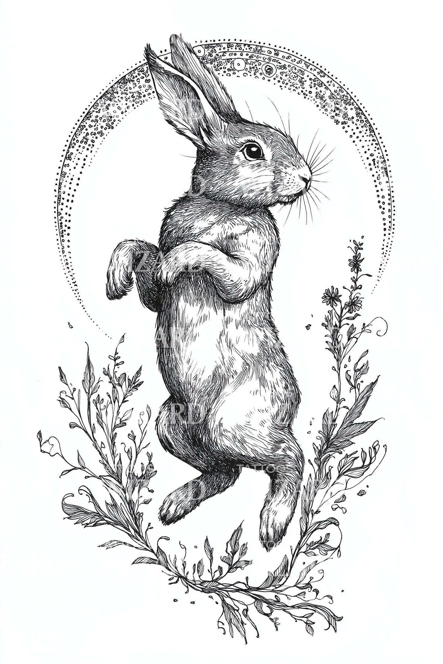 Botanical Rabbit Circle Tattoo Illustration