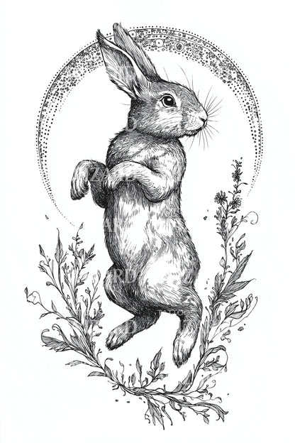 Botanical Rabbit Circle Tattoo Illustration